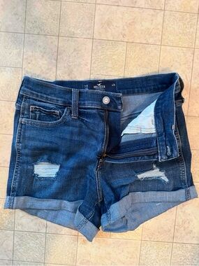 Hollister Dark Blue Distressed Roll-Cuff Jean Shorts